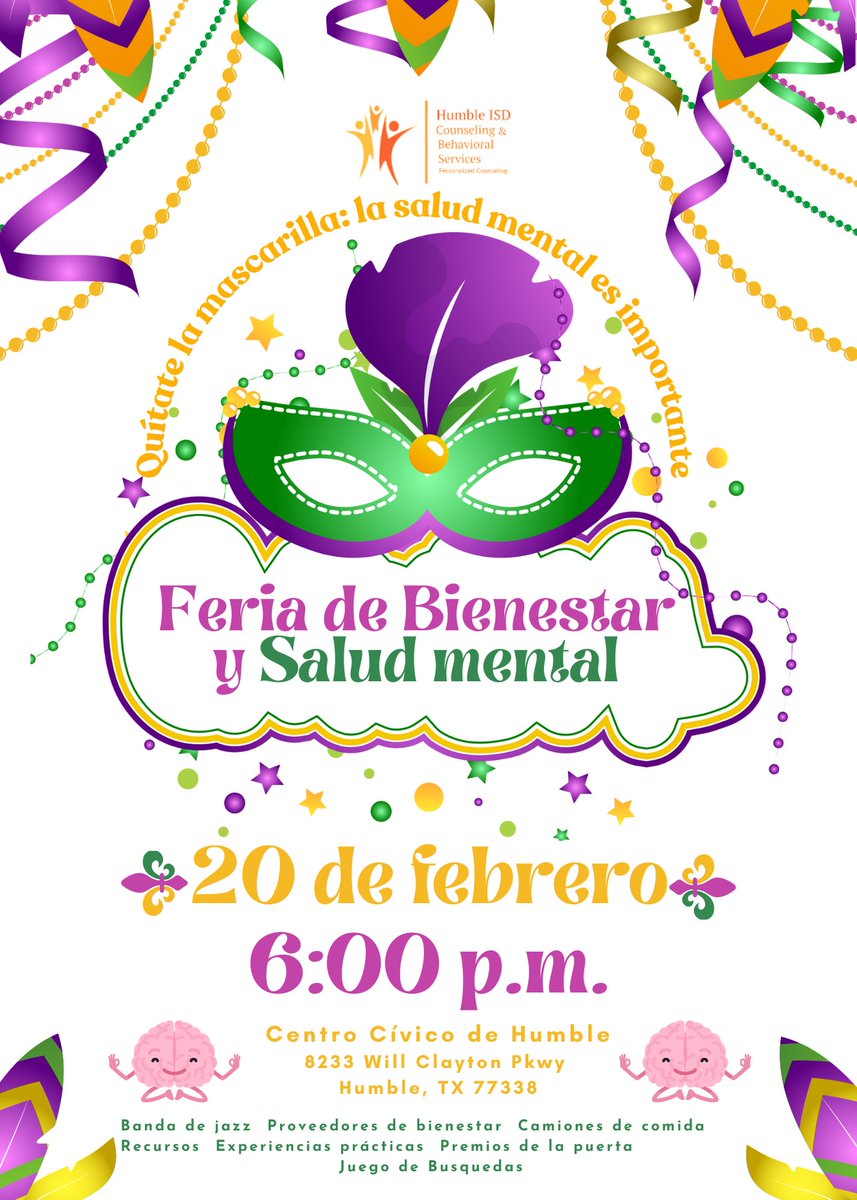 Join us tomorrow for the <a href="/HumbleISD_CBS/">HumbleISD_CBS</a> Mental Health and Wellness Fair at the Humble Civic Center from 6 to 8 p.m. Listen to jazz music, visit wellness vendors, support local food trucks, experience hands-on activities, and possibly win prizes in the Mental Health Scavenger