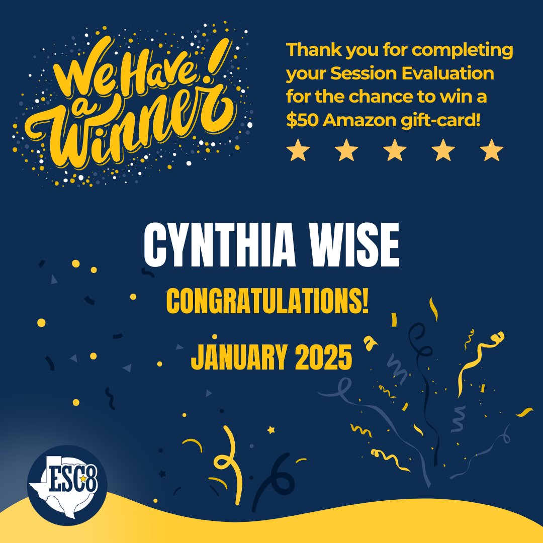 Please help us congratulate Cynthia Wise! Cynthia has won a $50 Amazon gift card for completing a survey following professional development training at ESC8.

Drawings are held monthly! Follow ESC8 on social media to see if your're next! #ServiceIsOurMiddleName