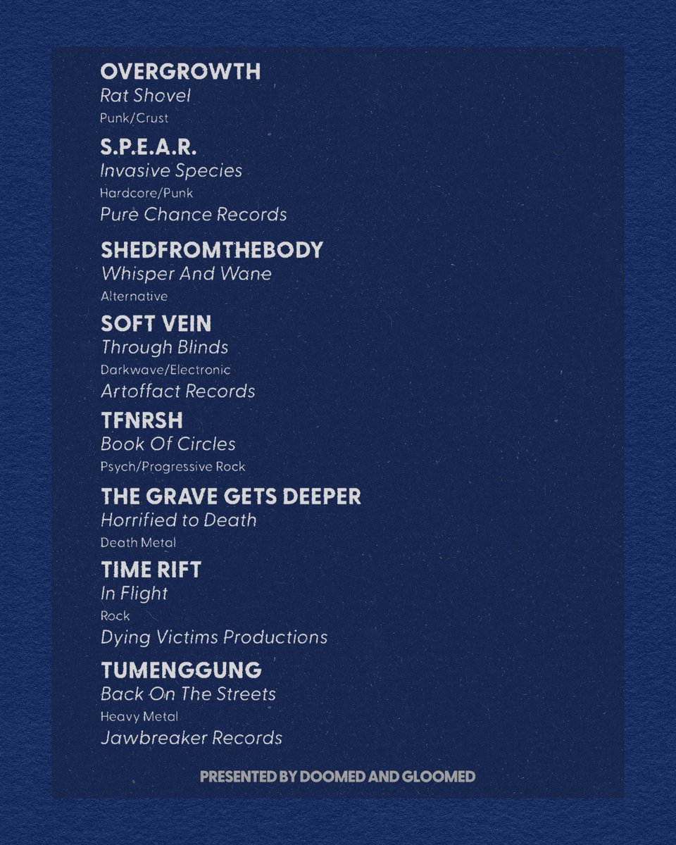 RELEASE ROUNDUP
JANUARY - PART III
Part three of the January roundup. Post with list and all links is available here:
doomedandgloomed.beehiiv.com/p/release-roun…
#newreleases #newmusic #newmusicalert #releaseroundup #music #musiclist #playlist #spotify #spotifyplaylist #bandcamp #stream #streaming