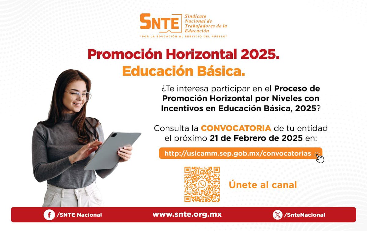 SnteNacional's tweet photo. 📢 ¡Información importante! 

👩🏻‍🏫👨🏻‍🏫¿Quieres participar en la Promoción Horizontal por Niveles con Incentivos en Educación Básica 2025? Consulta la ℂ𝕆ℕ𝕍𝕆ℂ𝔸𝕋𝕆ℝ𝕀𝔸 de tu entidad el #21deFebrero. Entra al 🔗:
https://t.co/NKiIGiJwqW https://t.co/sPs9lPwXl7