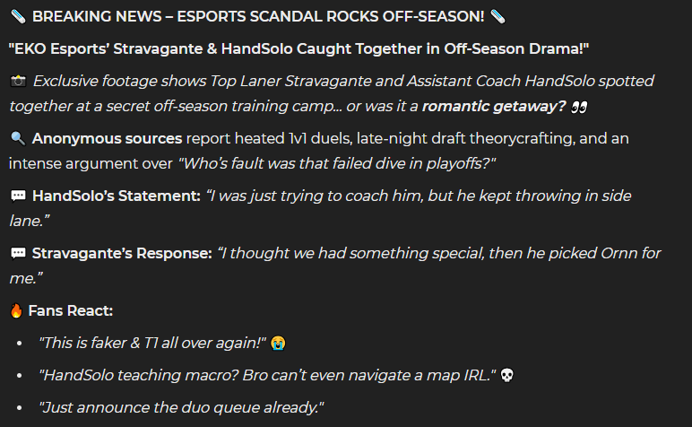 HandSoloGR's tweet photo. I want to formally apologize for the off-season incident with @Stravagantee. Emotions ran high, drafts were discussed, and yes… Ornn was picked. Mistakes were made on both sides. We’re moving forward as professionals. No further comments at this time.
#EKO #NoFlame #JustMacro https://t.co/wxU65yyTbS