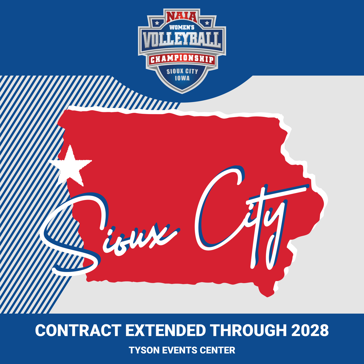EXTENDED.

We're excited to announce that Sioux City, Iowa will host the NAIA Women’s Volleyball National Championship through 2028! 

Learn more here: bit.ly/41mmaST 

<a href="/TysonEventsCent/">Tyson Events Center</a> <a href="/locatesiouxcity/">City of Sioux City</a> X #PlayNAIA