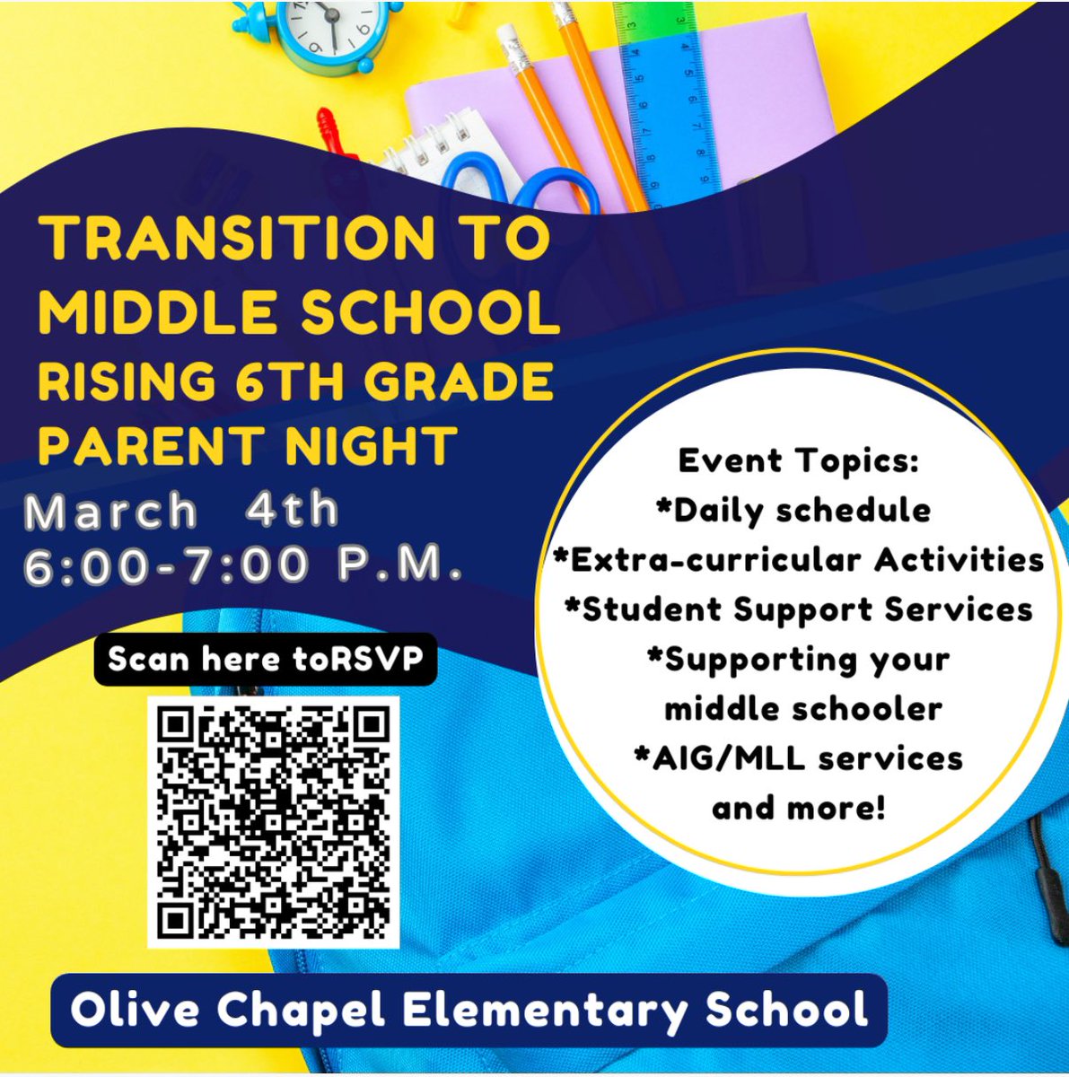 📢 Rising 6th Grade Parents!
Join us on March 4th, 6:00-7:00 PM at Olive Chapel Elementary for Transition to Middle School Parent Night! 🎒✨ Learn about schedules, extracurriculars, student support &amp; more! RSVP using the QR code below. <a href="/OliveChapelElem/">Olive Chapel Elementary School</a> <a href="/OcePta/">Olive Chapel Elementary PTA</a> <a href="/ErinKelleyMay/">Erin May at OCE</a>