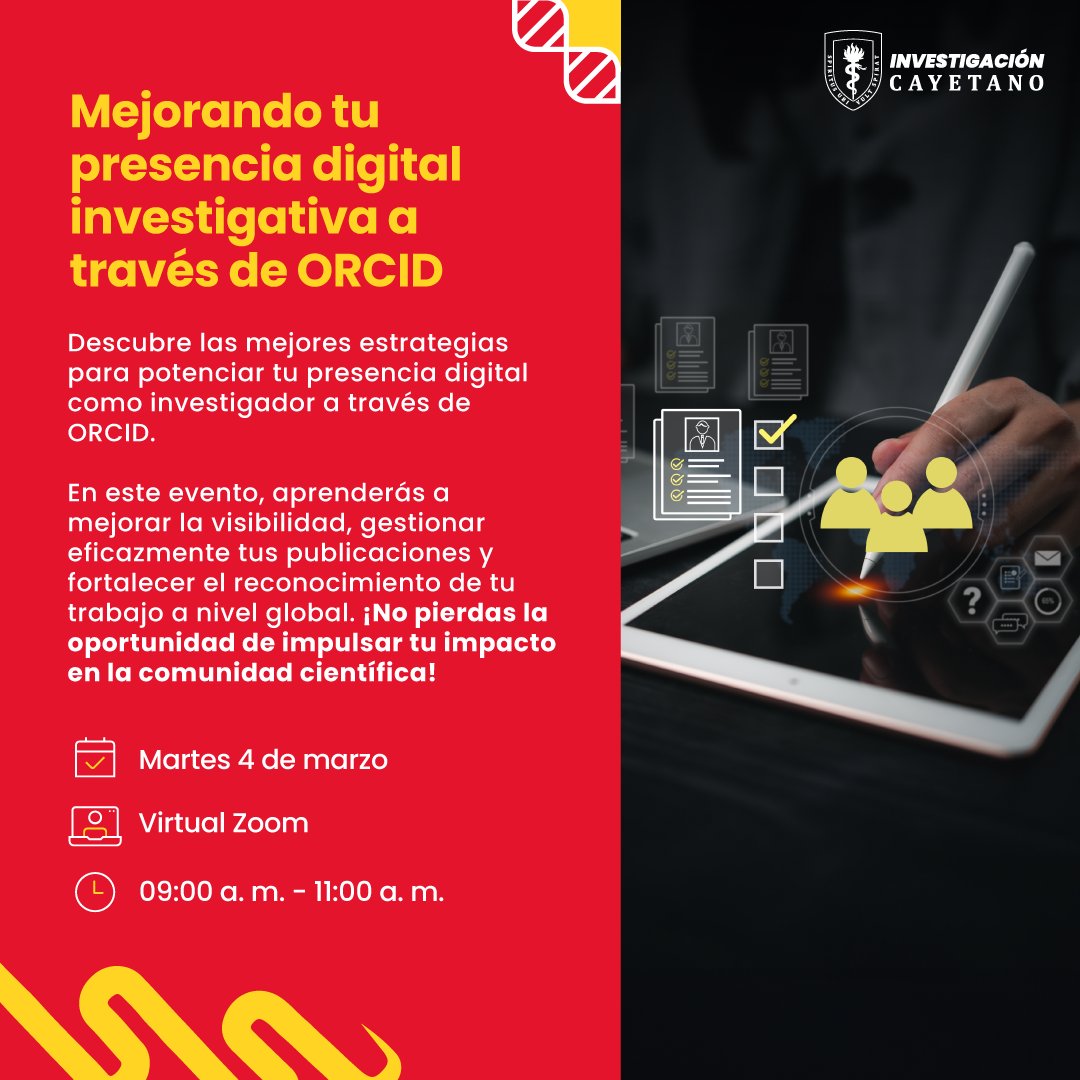 Webinar "Mejorando tu presencia digital investigativa a través de ORCID" 📚

Se contará con la participación de Marco Leandro Ruiz-Zapata, especialista en fidelización en <a href="/Consortia_co/">Consortia</a>.

Entérate más e inscríbete gratuitamente en la siguiente nota 👉 goo.su/zInmTL