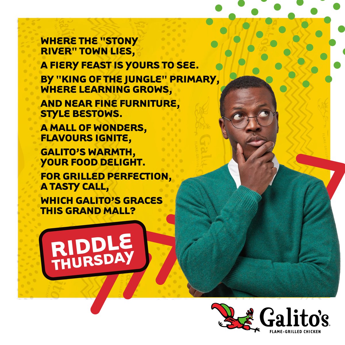 🔥 Riddle Thursday is here! 🔥 Guess the location and win a voucher to enjoy AT THE MYSTERY GALITO'S STORE!  Two winners will be picked on Monday. Drop your answer and tag a friend to play! 🍗🎉  #BoldAfricanFlavour #NameTheStore #GalitosThursdayRiddle