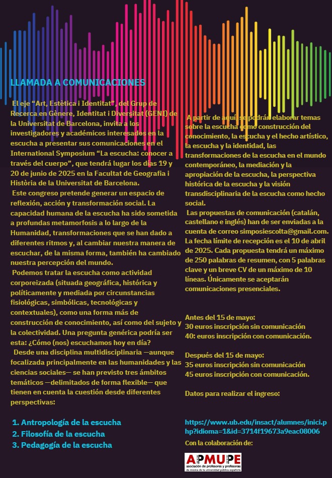 Simposium Internacional sobre la escucha <a href="/GH_UB/">Facultat de Geografia i Història UB</a> <a href="/UniBarcelona/">Universitat de Barcelona</a> <a href="/genigruprecerca/">GENI</a>