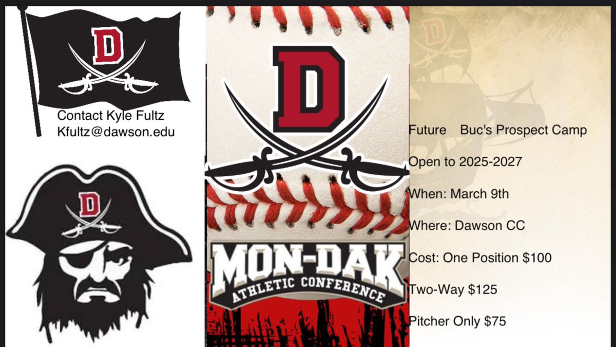 Future Bucs Prospect Camp will be March 9th! You can pre register until March 7th, all other registration will be in person at 10am check in. The camp will be from 11-3. Checks payable to Dawson Baseball. 
Click the link below to pre register!

shorturl.at/iH56B