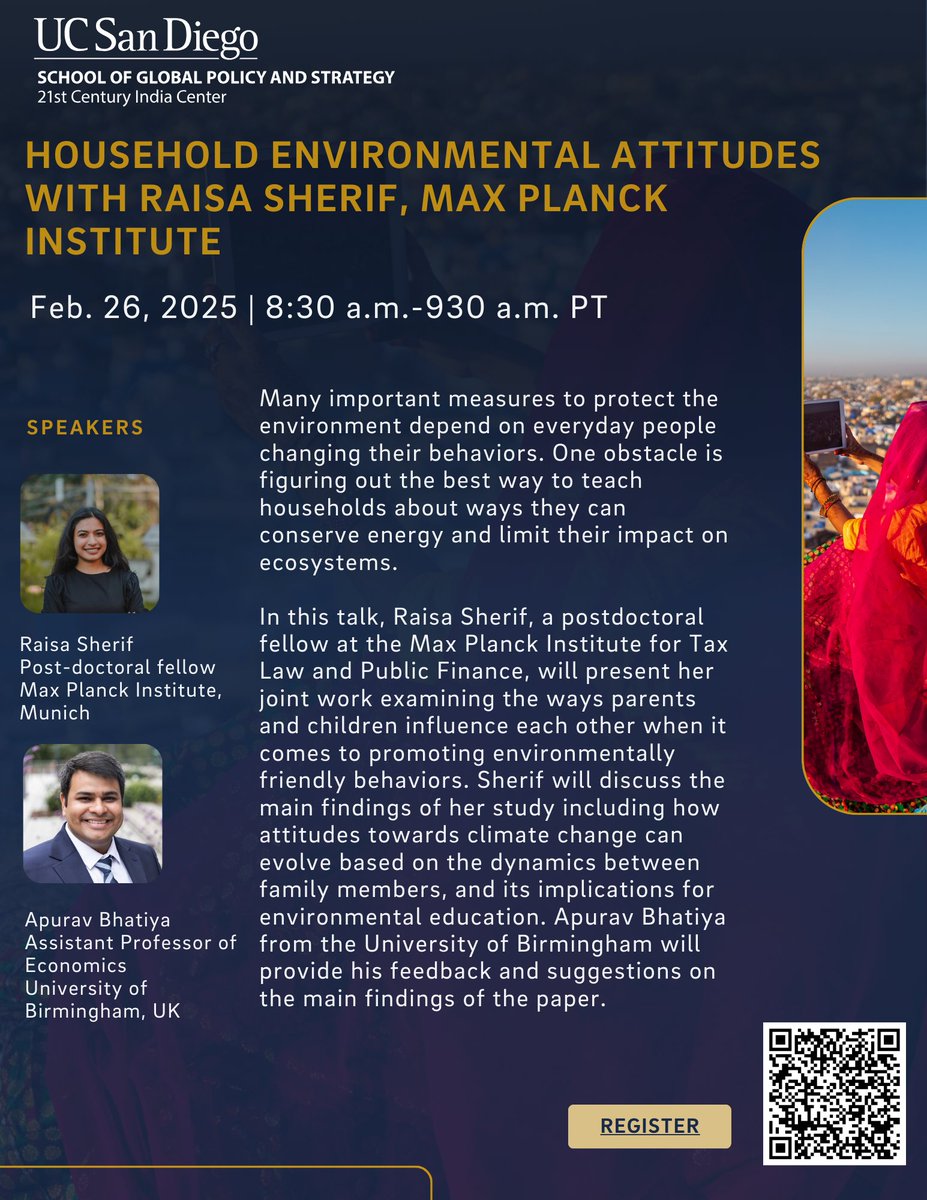 21st Century India Center (@gpsindiacenter) on Twitter photo Join us virtually on Wednesday, Feb. 26 for our next installment of the Seminar Series on the #IndianEconomy featuring our speaker <a href="/raisasherif/">Raisa Sherif</a> and discussant <a href="/apuravbhatiya/">Apurav Bhatiya</a>.
Register: gps-ucsd.zohobackstage.com/HouseholdEnvir… Join us virtually on Wednesday, Feb. 26 for our next installment of the Seminar Series on the #IndianEconomy featuring our speaker <a href="/raisasherif/">Raisa Sherif</a> and discussant <a href="/apuravbhatiya/">Apurav Bhatiya</a>.
Register: gps-ucsd.zohobackstage.com/HouseholdEnvir…