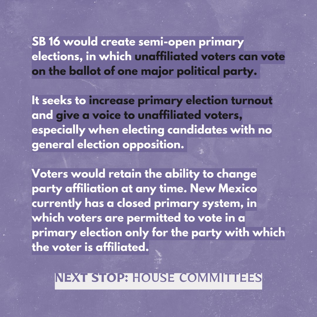 NM Senate Democrats (@nmsenatedems) on Twitter photo SB 16 Non-Major Party Voters in Primary Elections passes the floor by a vote of 27-11.
Sponsors: Sen. Figueroa & <a href="/senatorwirth/">Peter Wirth</a>
#nmleg #NMPol SB 16 Non-Major Party Voters in Primary Elections passes the floor by a vote of 27-11.
Sponsors: Sen. Figueroa & <a href="/senatorwirth/">Peter Wirth</a>
#nmleg #NMPol