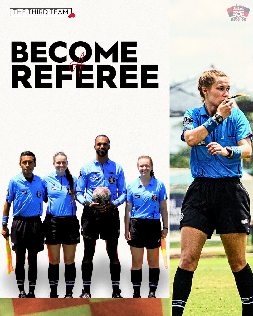 USYouthSoccer's tweet image. Want to make a positive impact on the game? Become a referee!🏁⚽️⏱️

USYS offers many opportunities for motivated officials to enhance their performance and get high-level training from dozens of the best instructors in the country. 

Join the Third Team » bit.ly/40Pm2Z0