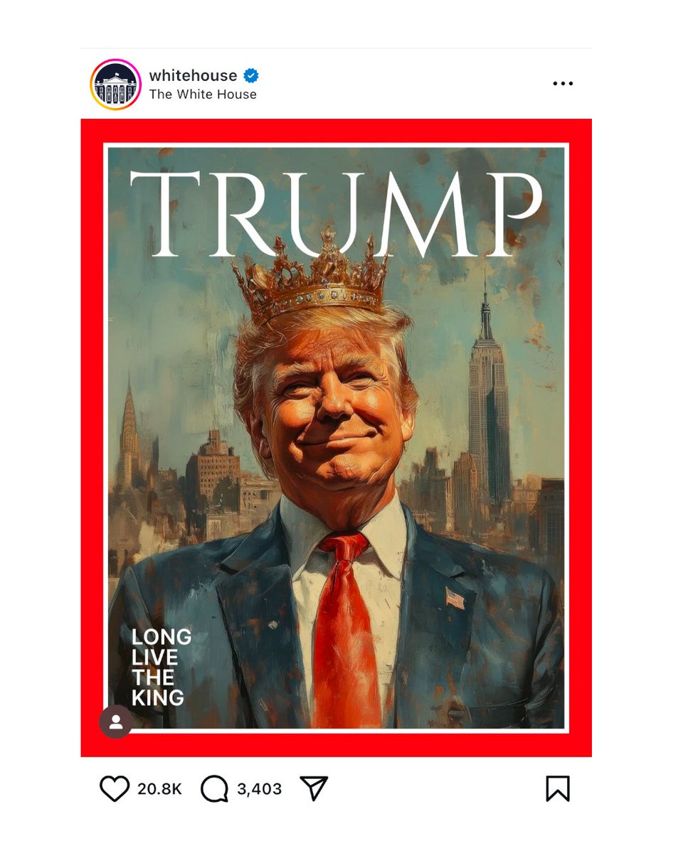 NoLieWithBTC's tweet image. The official White House account just referred to Trump as a “king” and posted an image with a crown on his head.

They’re not even hiding it.