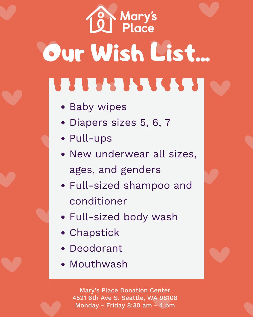Families at Mary's Place need hygiene essentials and baby supplies! Can you help provide families with the items they need to thrive? Find our donation locations and hours here: marysplaceseattle.org/get-involved/s… #WishListWednesday