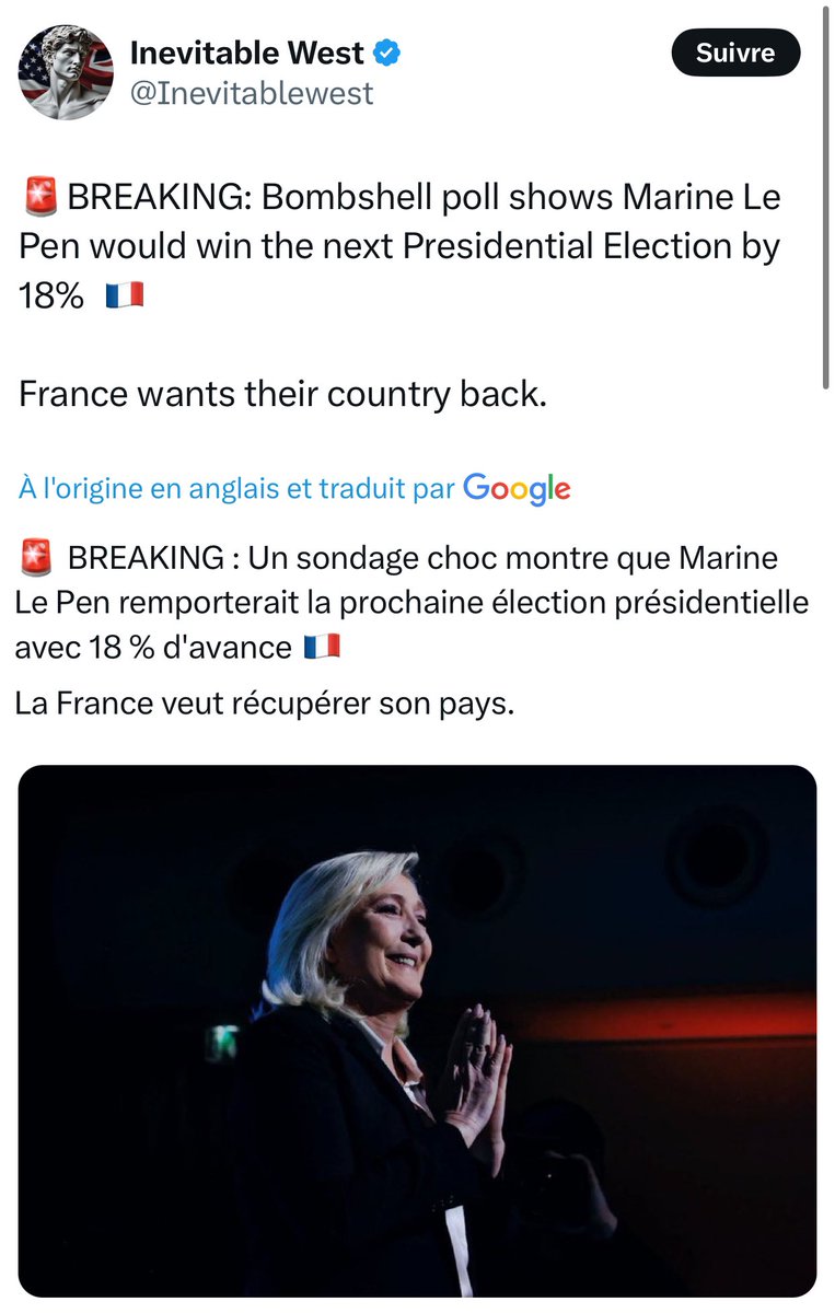LBleuBlancRouge's tweet photo. 🚨 Elon Musk vient de réagir à un tweet mentionnant un sondage qui donnerait Marine Le Pen largement victorieuse de la prochaine présidentielle de 2027. https://t.co/3qFHFoweLm