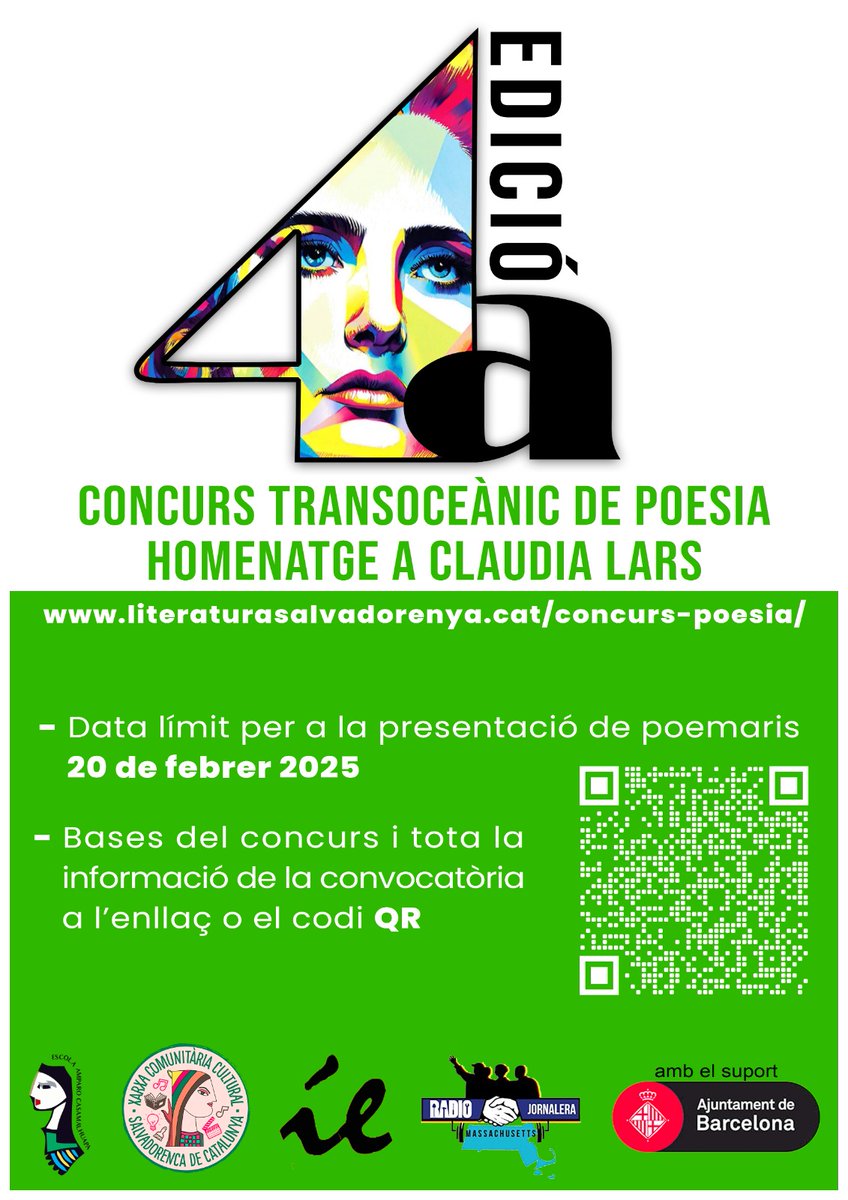 Tan sols falta un día per a que finalitzi el període d'inscripcions per presemtar-se a la 4ª Edició del Concurs Transoceànic de Poesia Homenatge a Claudia Lars.

⌛Fins demà 20/2 a les 23:59h (CET).

📜 Trobareu les bases a la nostra pàgina web.

Agraïm tota difusió!! 🔈