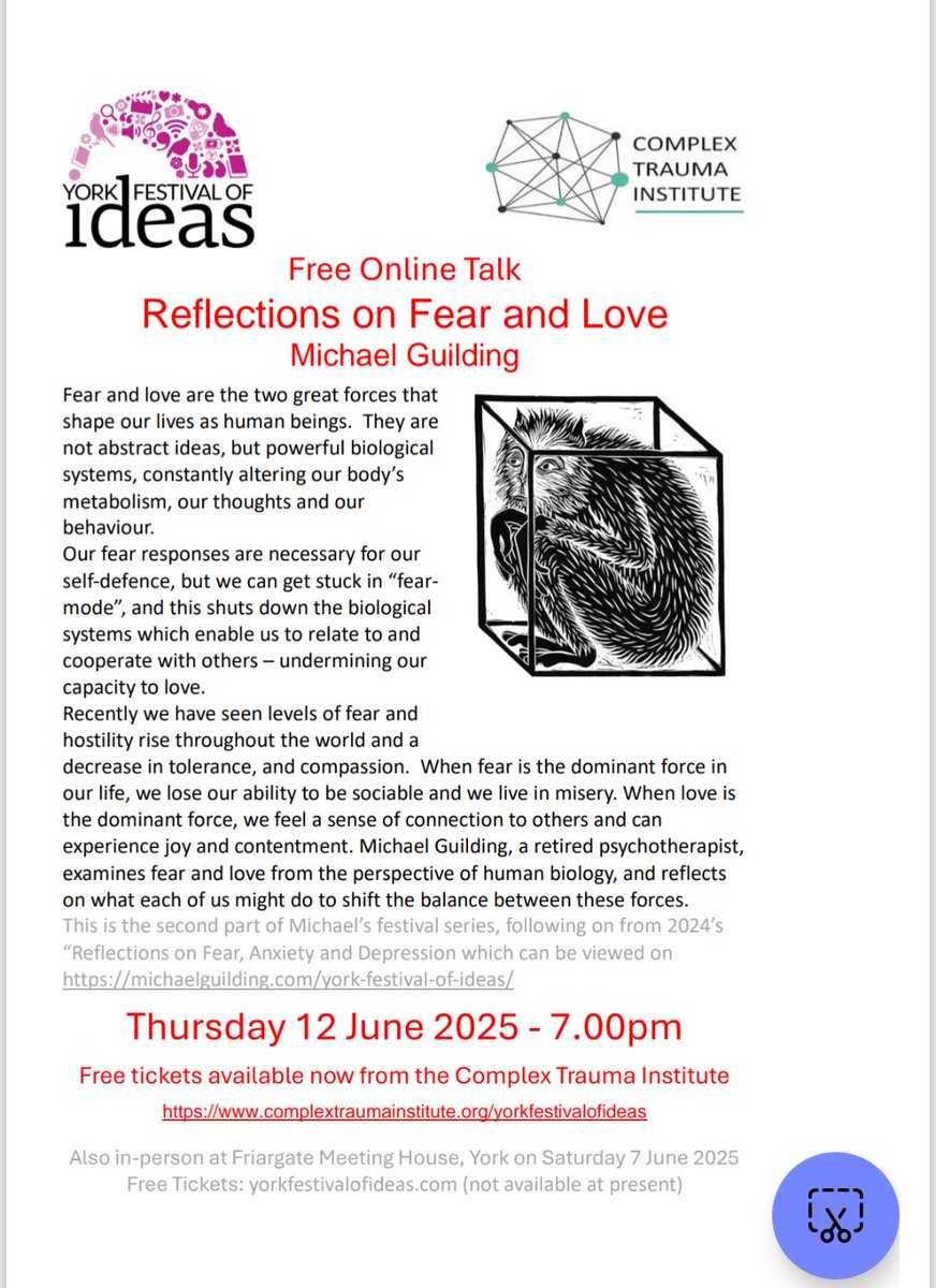 CGuilding's tweet image. Join my dad at the York Festival of Ideas for a free event "Reflections on Fear and Love" exploring the impact of trauma and how we can heal. Hosted by the Complex Trauma Institute.
📅 Date: 8 June 2024
📍 York, UK
🎟️ Free entry – book now!
🔗 More info: complextraumainstitute.org/yorkfestivalof…
