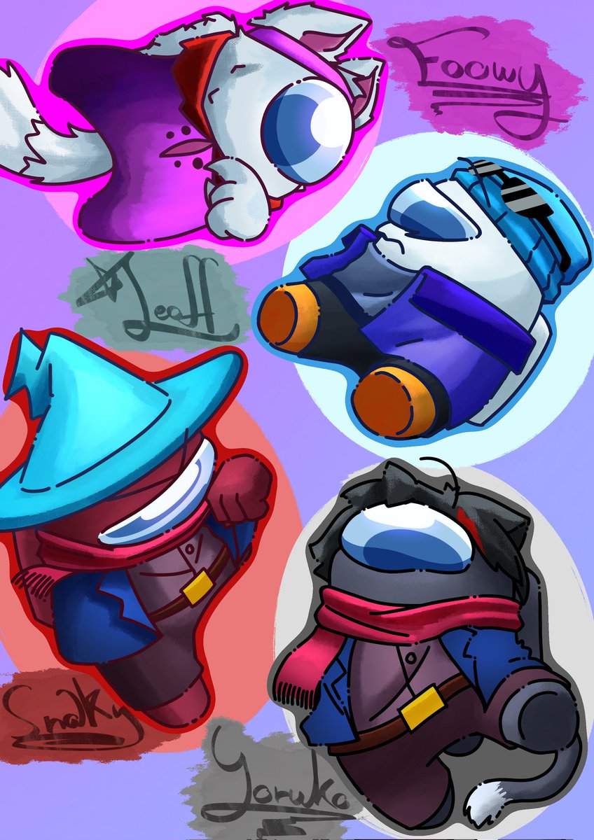 Dibujados los 4 ocs de <a href="/modleoff/">Leoff 彼</a> Foowy, Leoff, Snaky y Yoruko #AmongUs #amongusfanart #amongusOC #Drawing