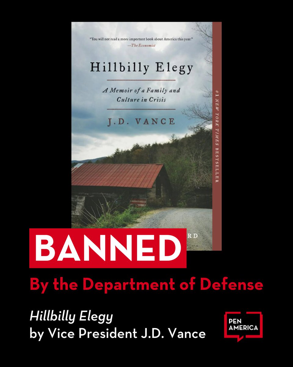 The Trump administration called book bans a hoax — but now the call is coming from inside the house. Vice President JD Vance's "Hillbilly Elegy" joins the list of books removed from Department of Defense schools pending "compliance review."

Learn more: pen.org/julianne-moore…