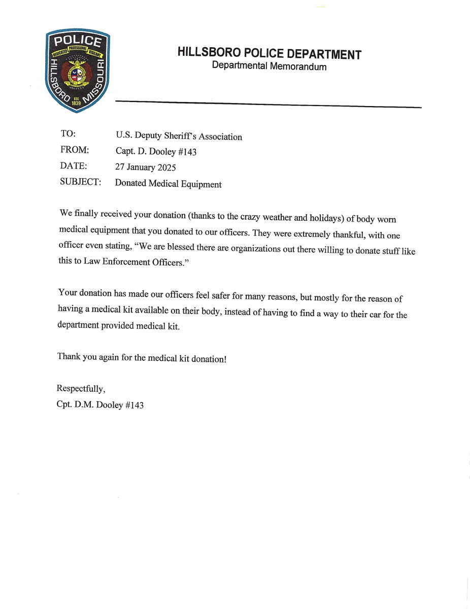 USDSA's tweet photo. The USDSA awarded the Hillsboro Police Department in Missouri with Individual Belt Trauma Kits for their officers. https://t.co/dgn2CHlsbM