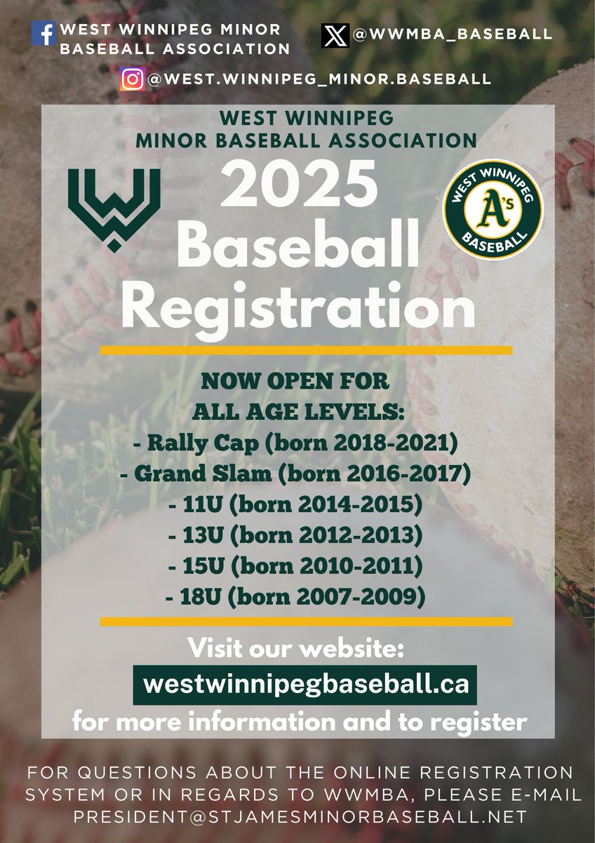 Registration for the 2025 season is officially open! ⚾️

Head to our new website: westwinnipegbaseball.ca for more information and to register! 

Deadline to register is March 20, 2025.