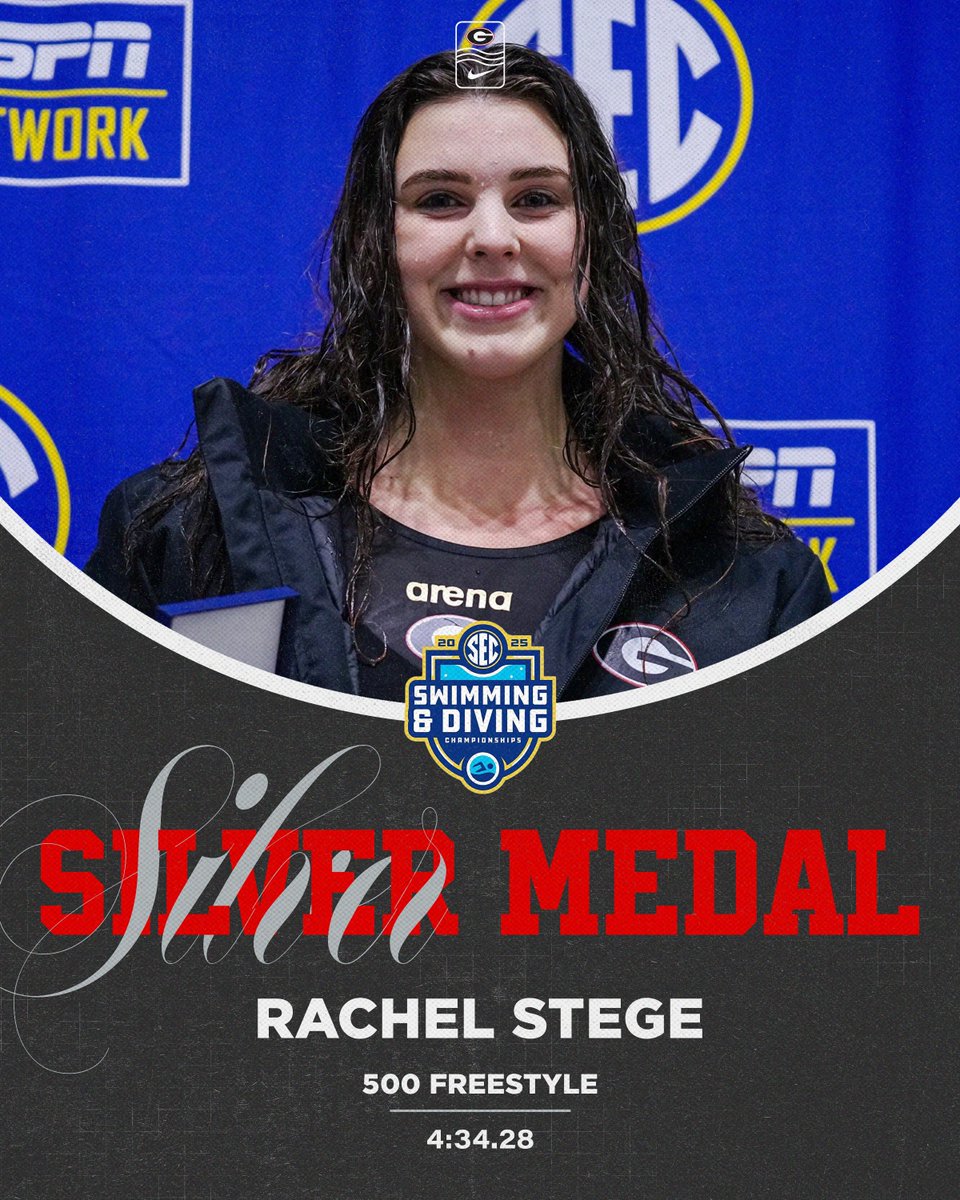 🥈 Rachel Stege podiums in the 500y freestyle for the third-consecutive year, placing second with a A-cut time of 4:34.28!

#SECSD25 | #GoDawgs 🐾