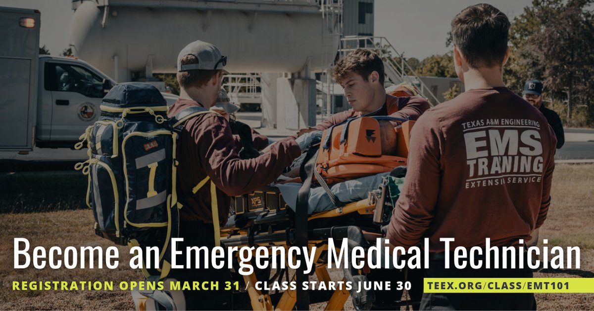 TEEXfire's tweet image. Become an Emergency Medical Technician. Registration OPENS MARCH 31 for the upcoming class starting JUNE 30. Students will receive a FREE backpack with essential EMS supplies, the required textbooks and uniform shirts. Look for the link to the Registration Packet.