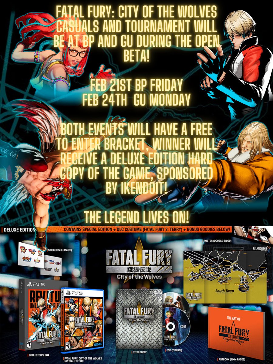 Fatal Fury:City of the Wolves beta opens tomorrow! 
On both Friday at <a href="/balancepatch/">Balance Patch</a> and Monday <a href="/GameUnderground/">Game Underground</a> we will be running the game both as casuals and a tournament 
Grand prize both nights is a Deluxe version of the physical game!  
Sponsored by <a href="/Ikensend/">Iken Do It</a>