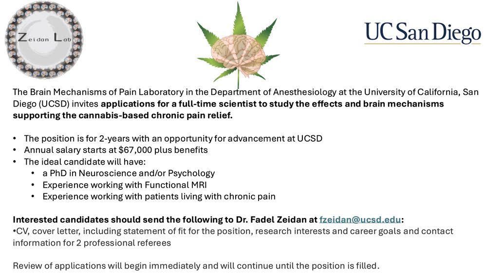 Postdoctoral position available in department of Anesthesiology at UCSD. 
Please contact Dr. Fadel Zeidan for more information at fzeidan@uscd.edu 
Lab page: buff.ly/4i6FF7w

#Postdoc #Job #UCSD