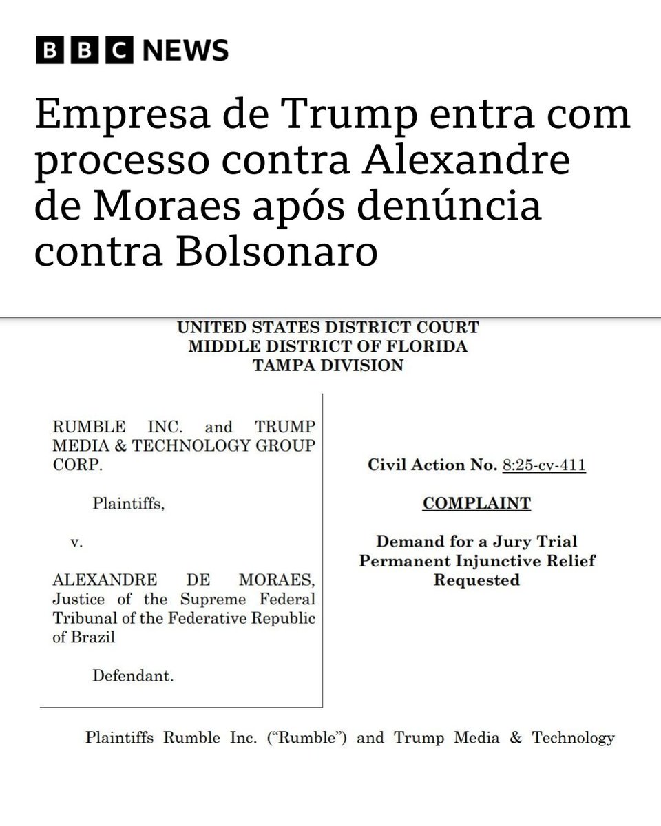 bbcbrasil's tweet photo. "Ordens abrangentes do ministro Moraes — apoiado por severos mecanismos de aplicação — reprimem sistematicamente dissidência sob amplos pretextos de 'notícias falsas', 'desinformação' ou 'discurso antidemocrático'", diz ação judicial da empresa de Trump: https://t.co/dC6LPD4izK https://t.co/nRw1LgTjw2