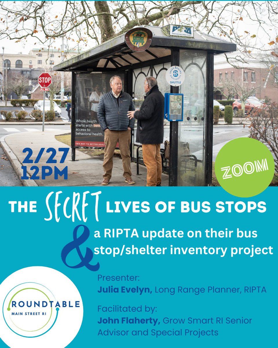 MainStreetRI's tweet image. Shhh! Our next #MainStreetRI Roundtable explores ...The Secret Lives of Bus Stops! 

Thurs Feb 27 @12pm. Free to Register 

You'd be surprised by how much there is to learn about bus stops &amp;amp; what's involved in installing one on your street. @RIPTA_RI
tinyurl.com/3mp4fh6c