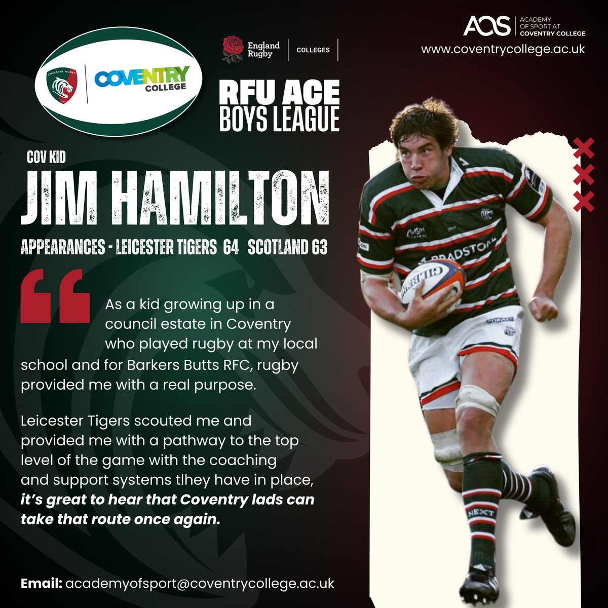 Cov kid <a href="/jimhamilton4/">Jim Hamilton</a> on his Journey to @leicestertigers 🐯

Big Jim, a Cov Kid through and through, went from Coundon Court School, Henley College (Now Coventry College) &amp; Barkers Butts RFC Colts to Leicester Tigers and Scotland. 

Your journey starts here <a href="/coventrycollege/">Coventry College</a>