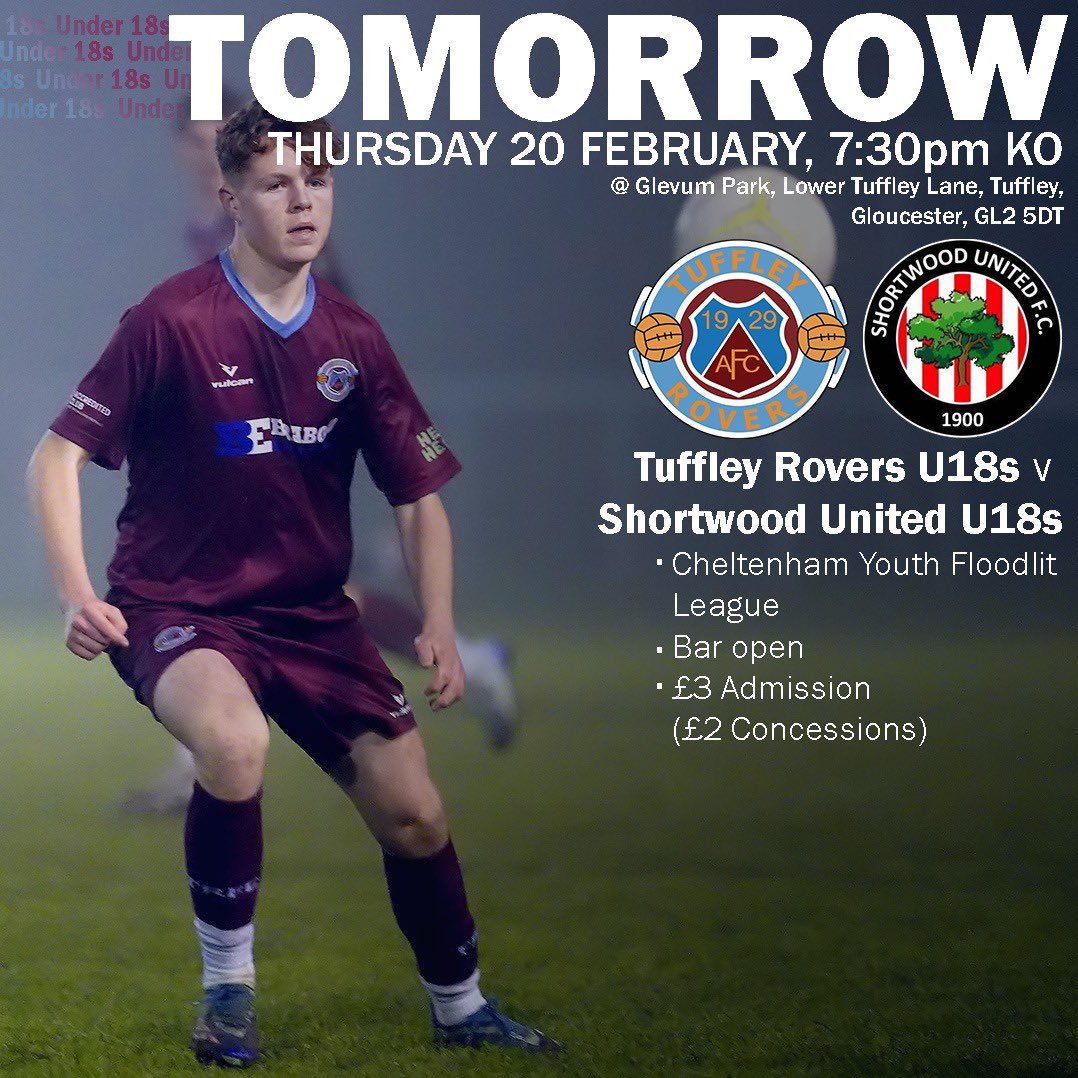 Tuffley Rovers FC (@tuffleyroversfc) on Twitter photo We’ve got football at Glevum Park on Thursday evening, as <a href="/TuffleyRovers18/">Tuffley Rovers U18s</a> host <a href="/ShortwoodUtdFC/">Shortwood Utd FC</a> U18s in the <a href="/CheltYFL/">Cheltenham Youth League</a> Floodlit League.
KO is 7:30pm.
The bar will be open throughout.
#uptherovers We’ve got football at Glevum Park on Thursday evening, as <a href="/TuffleyRovers18/">Tuffley Rovers U18s</a> host <a href="/ShortwoodUtdFC/">Shortwood Utd FC</a> U18s in the <a href="/CheltYFL/">Cheltenham Youth League</a> Floodlit League.
KO is 7:30pm.
The bar will be open throughout.
#uptherovers
