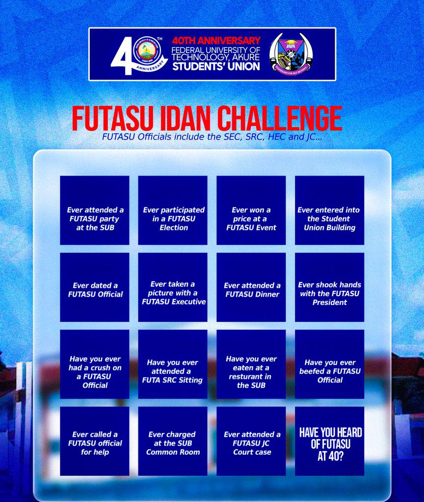 ThisisFUTAMedia's tweet photo. FUTASU IDAN CHALLENGE ๐ฅ
Rate your FUTASU experience, drop your score and tag your friends to join in! Letโs see the real IDANs. #OnceAFutarianAlwaysAFutarian #thisisfuta
@futasugovt @FutaBro @ThisisFUTAMedia https://t.co/QVFaGeaGAm
