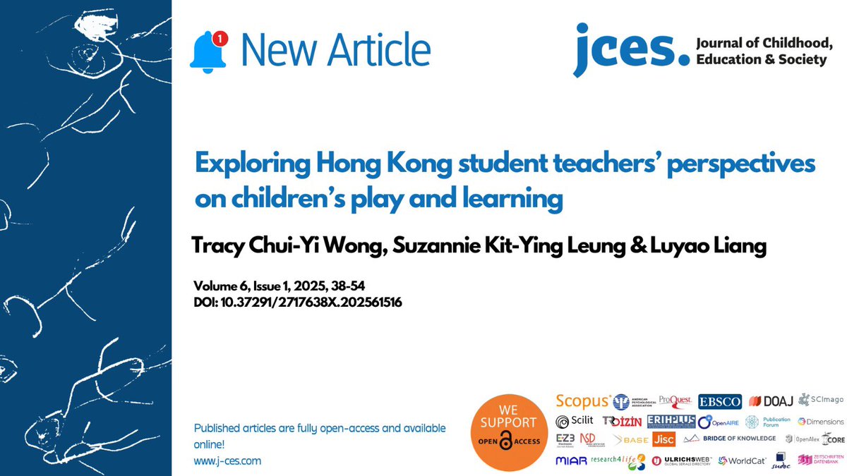 📄New Article

📌 Exploring Hong Kong student teachers’ perspectives on children’s play and learning

✒️by Tracy Chui-Yi Wong, Suzannie Kit-Ying Leung &amp; Luyao Liang

🔗 doi.org/10.37291/27176… 

#earlychildhood #childhood #education #children #earlyyears #EducationForAll