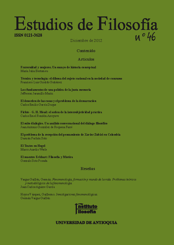 El editor recomienda:

- González de Requena Farré, J. A. (2012). El mito dialógico. Un análisis conversacional del diálogo filosófico. Estudios De Filosofía, (46), 113–130. doi.org/10.17533/udea.…