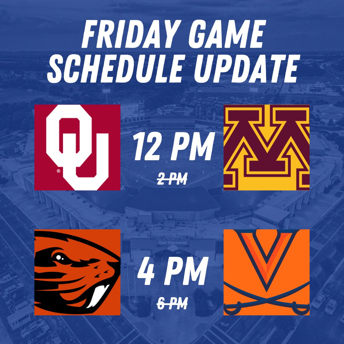 KarbachRRC's tweet photo. 🚨 UPDATE 🚨

Friday’s slate of games will now occur at 12pm and 4pm. All tickets purchased at the original times are still valid.

Times are in Central Time. Away teams are listed on the left, and home teams are listed on the right. https://t.co/2C0U49cYMc
