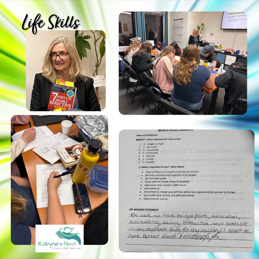 In this week's Life Skills class, volunteer Christy Hudson guided students through the “Seven Habits of Highly Effective Teens”, introducing the truths about habits, &amp; how to cultivate important Good Habits that promote success in life.  Learn more:

robynesnest.org/news/highly-ef…