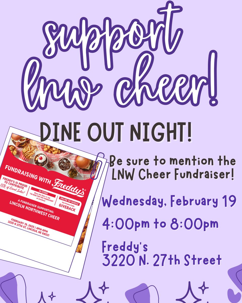 LNWCheer's tweet photo. DON’T FORGET!
Come and support LNW Cheer tonight at Freddy’s from 4-8pm. Be sure to mention the flyer / our program to donate!

Go Falcons! 💜📣
Valid only at the N. 27th street location. https://t.co/6D7GBtkj9Z