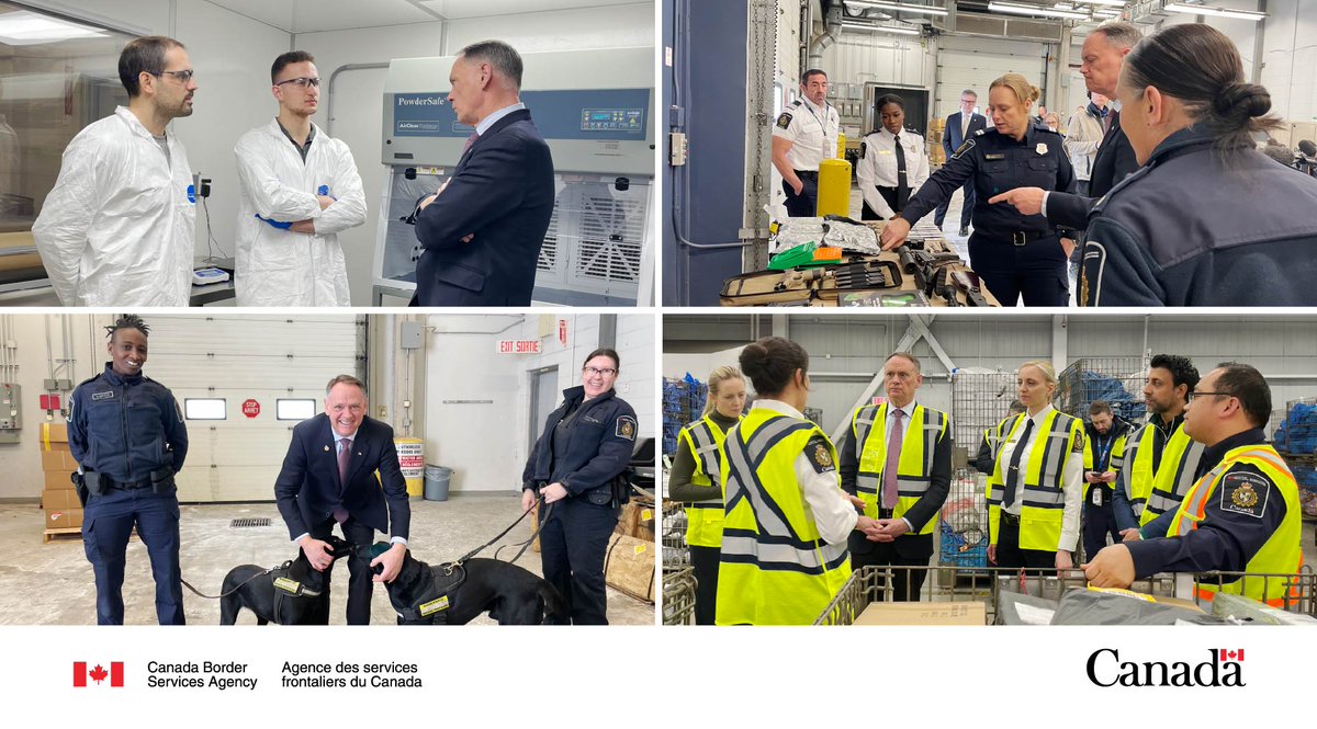 We welcomed <a href="/Safety_Canada/">Public Safety Canada</a> Min. McGuinty and MP Sidhu to our #GTA airside cargo facility and the International Mail Processing Centre. We're deploying advanced technology and new canine teams to intercept fentanyl, other drugs, and guns as part of Canada’s Border Plan.