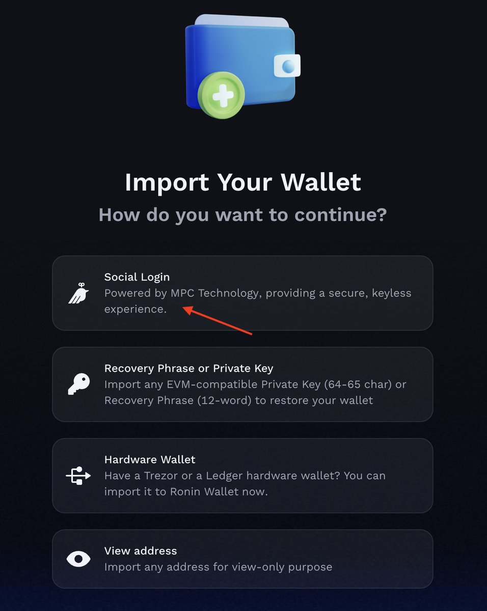 How to Import Your <a href="/ForkastGG/">FORKAST</a> Wallet to Ronin Wallet 🔥

1⃣Open your Ronin Wallet, click on your address to activate the menu, and then select "Add &amp; Manage Wallets."

2⃣Click on "Import Existing Wallet."

3⃣Select "SOCIAL LOGIN."

4⃣Click on "Continue with Email."

5⃣Enter the