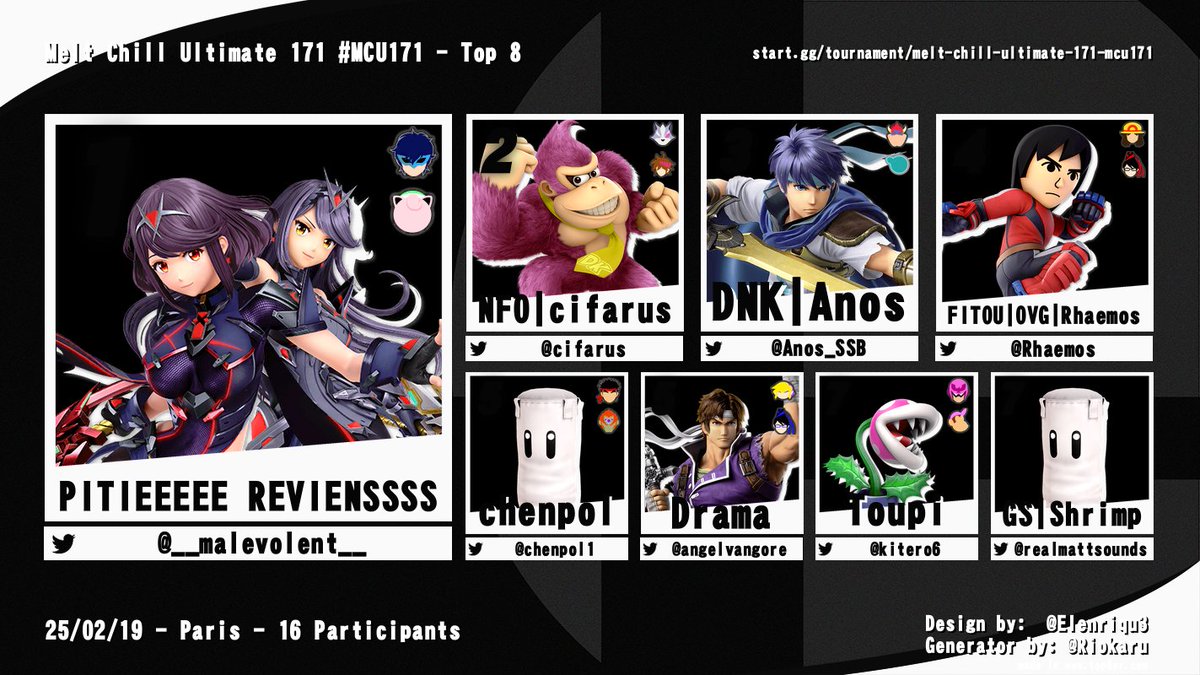 MELT CHILL ULTIMATE 171 #MCU171 TOP 8   

PITIE REVIENS !!!! (Le melt hein pas autre chose)  

🥇: <a href="/loateiko/">Teïko</a> 

🥈: <a href="/cifarus/">NFO | cifarus</a> 

🥉: <a href="/Anos_SSB/">Anos_SSB</a> 

 4e :  <a href="/Rhaemos/">Rhaemos</a> 
 
 5e : <a href="/angelvangore/">angel 🍉 (liste complémentaire era)</a> / <a href="/chenpol1/">chen</a> 

 7e : <a href="/realmattsounds/">Mattsounds / Matt</a> / <a href="/Kitero6/">Toupi</a>