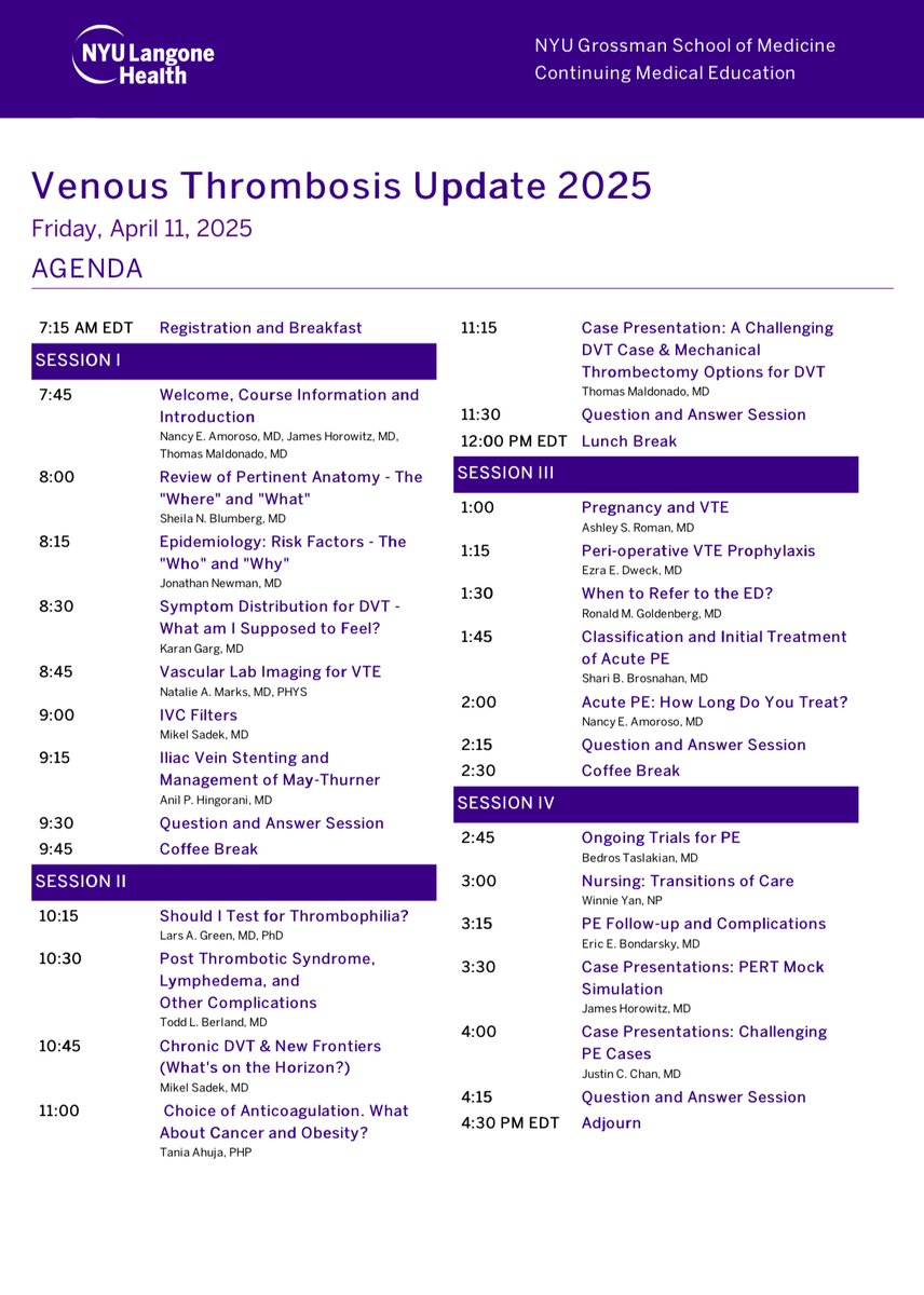 NYULangonePCCSM (@nyulangonepccsm) on Twitter photo 🩺 Join us for "Venous Thrombosis Update 2025"! Enhance your knowledge on the latest in #VTE management.
🗓️ April 11, 2025
⏰ 8:00 AM - 4:00 PM EST
📍 in-person <a href="/nyulangone/">NYU Langone Health</a> & Livestreamed
📰 Agenda 👇
🔗 bit.ly/3DMfVyv
#PCCM #Hematology #Meded #vascular #DVT #CME 🩺 Join us for "Venous Thrombosis Update 2025"! Enhance your knowledge on the latest in #VTE management.
🗓️ April 11, 2025
⏰ 8:00 AM - 4:00 PM EST
📍 in-person <a href="/nyulangone/">NYU Langone Health</a> & Livestreamed
📰 Agenda 👇
🔗 bit.ly/3DMfVyv
#PCCM #Hematology #Meded #vascular #DVT #CME