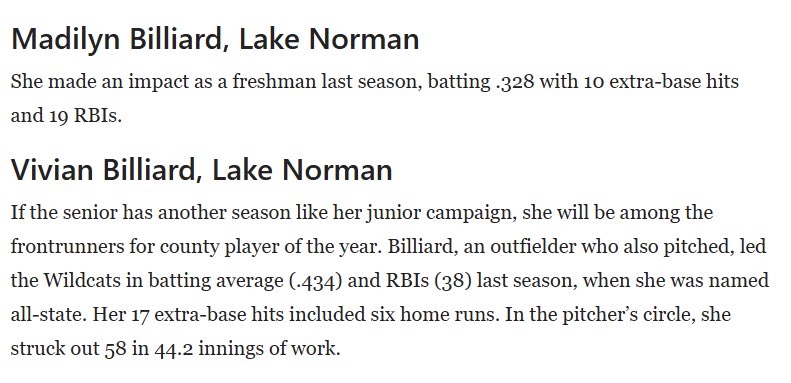 Thank you <a href="/statesville/">Record and Landmark</a> for recognizing me in your Preseason High School softball players to watch this season.  Congrats to my teammates <a href="/kyeracombss/">Kyera Combs</a>, <a href="/madi_sb2027/">MadiBilliardSB2027</a>, <a href="/KHarris2025/">Kaylee Harris</a> for being recognized.  #letsgo 

<a href="/Lknsoftball/">LNHS Softball</a> 
<a href="/Knockouts_Cole/">Knockouts-Cole 16u Softball</a> 
<a href="/BarryUSoftball/">Barry University Softball</a>