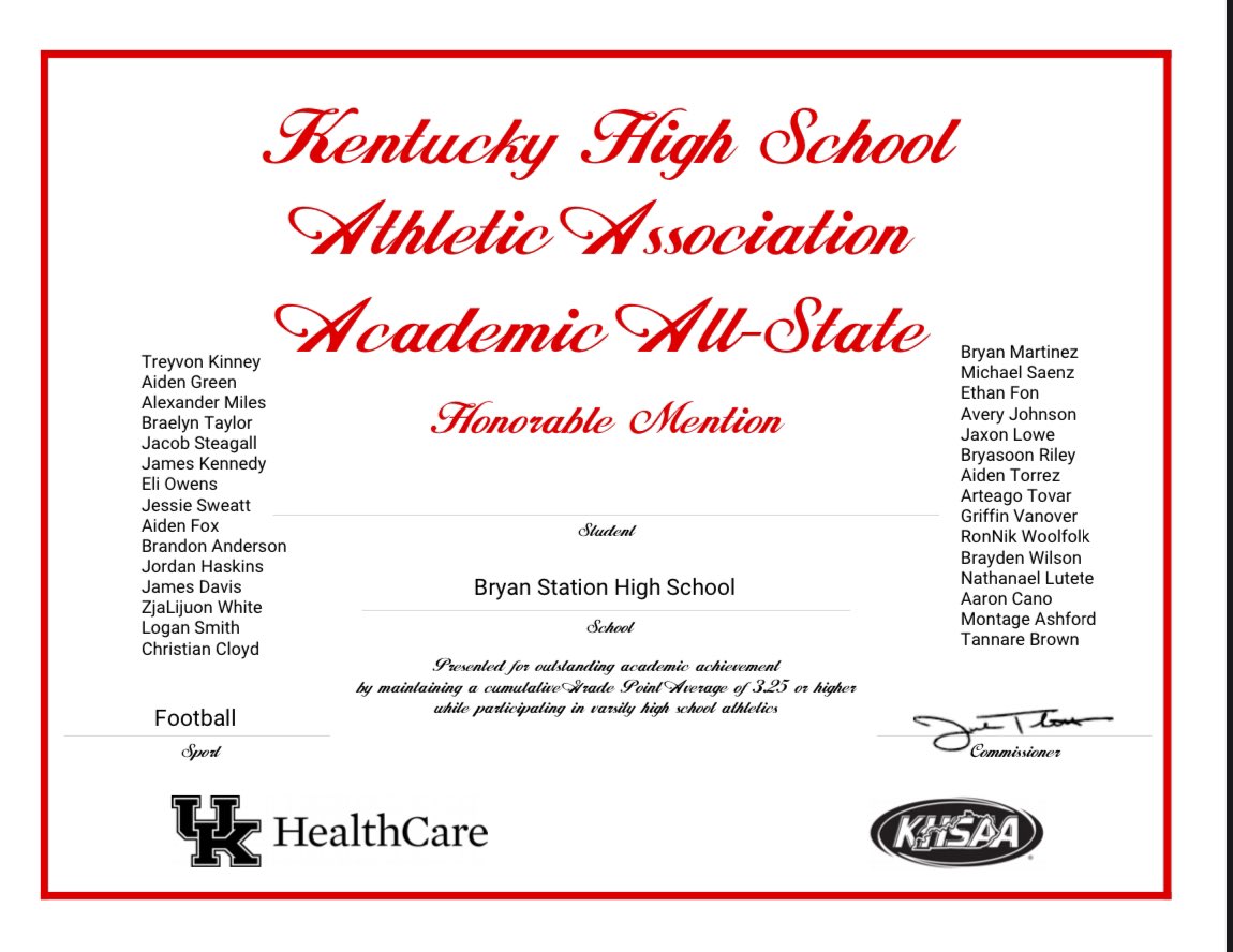 Bryan Station Football (@bryanstationfb) on Twitter photo Very proud of our Student Athletes for making the <a href="/KHSAA/">KHSAA Main</a> Academic All-State & Honorable Mention Team last semester. They truly are, “Making the grades count.” Keep up the hard work in the #Classroom
#DEFENDERS
<a href="/FCPSKY/">Fayette County Public Schools</a>
<a href="/BSHSATHLETICS1/">BryanStationAthletics</a>
<a href="/BSHSfootball_/">Bryan Station High School Football</a> Very proud of our Student Athletes for making the <a href="/KHSAA/">KHSAA Main</a> Academic All-State & Honorable Mention Team last semester. They truly are, “Making the grades count.” Keep up the hard work in the #Classroom
#DEFENDERS
<a href="/FCPSKY/">Fayette County Public Schools</a>
<a href="/BSHSATHLETICS1/">BryanStationAthletics</a>
<a href="/BSHSfootball_/">Bryan Station High School Football</a>