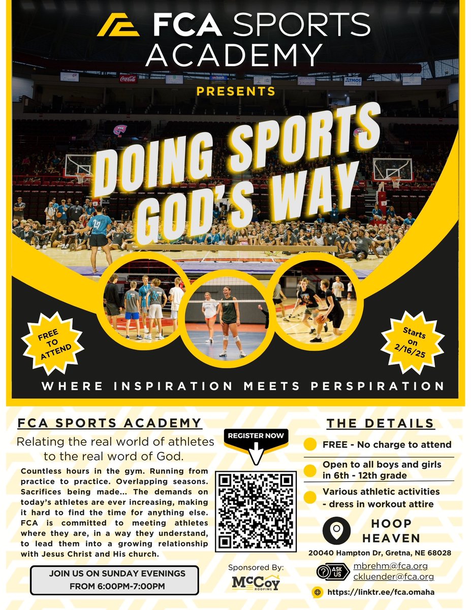 🏃‍♂️Don’t forget every Sunday this winter &amp; spring FCA Omaha &amp; SW Iowa is hosting the FCA Sports Academy! ⛹️‍♀️

Welcome to kids 6-12th grade to come and grow in their athletic ability and grow in the spirit! 

These events are free of charge! Use the QR code and sign up now!🏈⚽️🏀
