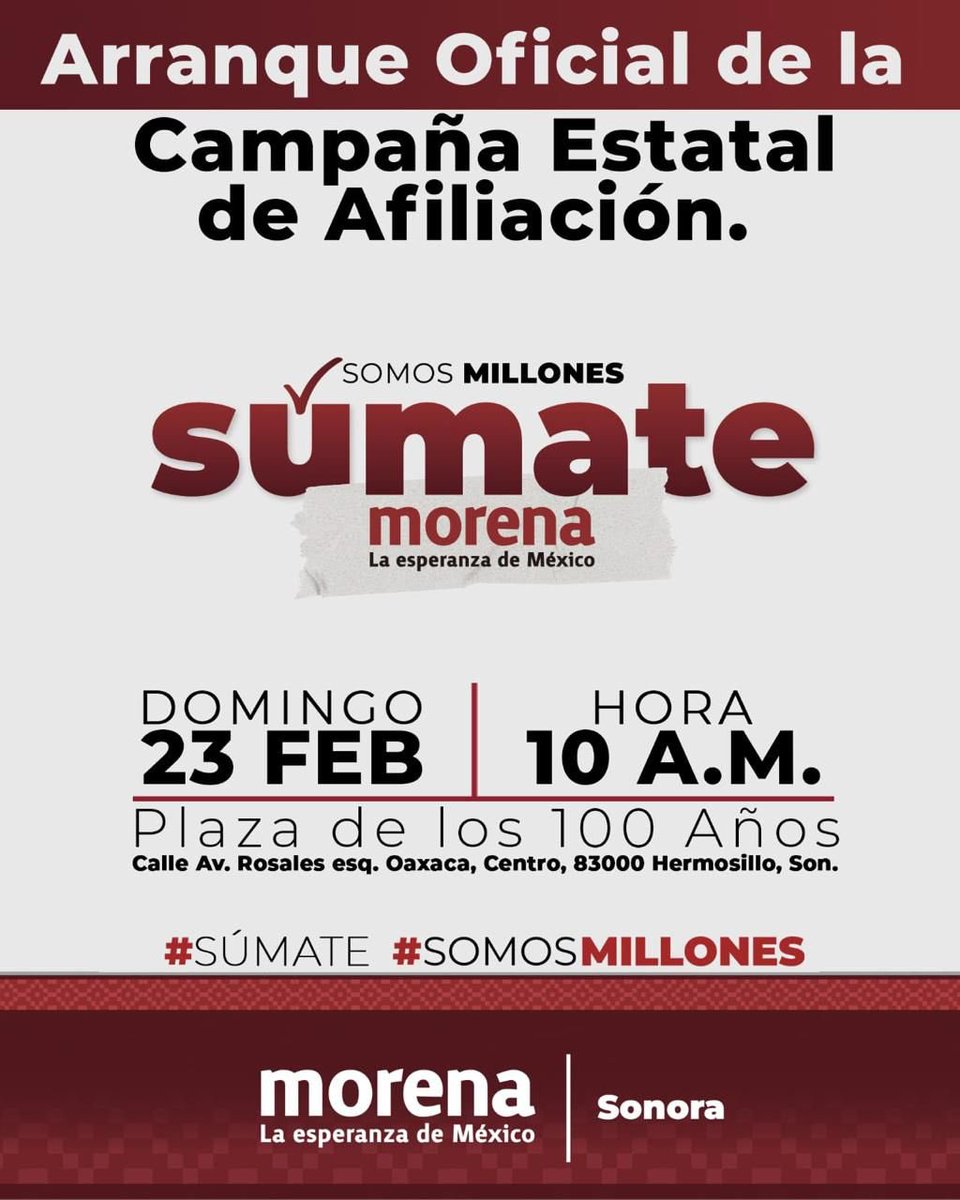 MorenaenSonora's tweet image. ¡Te esperamos en el arranque de afiliaciones a nuestro proyecto de transformación!

⏰ 10 am
📍Plaza de los 100 años
🗓️ Domingo 23 de Febrero 

#Súmate #SomosMillones