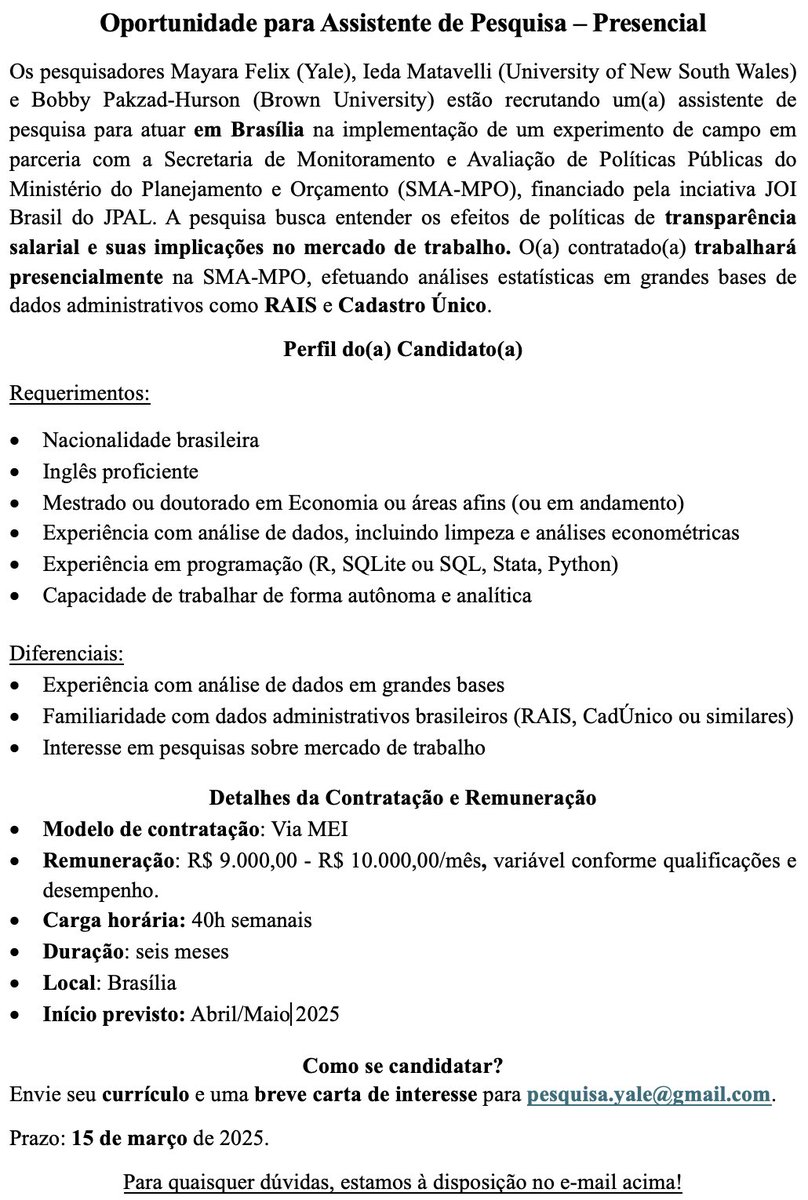 Mayara Felix (@mayara_pfs) on Twitter photo Brasileiro(a)s economist(a)s e/ou formados em áreas relacionadas: Estamos procurando alguĂ©m para trabalhar conosco num projeto em parceria com o governo federal, em BrasĂlia. Salário R$9k - R$10k. Podem divulgar o job posting? <a href="/iedarm/">Ieda Matavelli</a> , <a href="/bph_econ/">B. Pakzad-Hurson</a>. Brasileiro(a)s economist(a)s e/ou formados em áreas relacionadas: Estamos procurando alguĂ©m para trabalhar conosco num projeto em parceria com o governo federal, em BrasĂlia. Salário R$9k - R$10k. Podem divulgar o job posting? <a href="/iedarm/">Ieda Matavelli</a> , <a href="/bph_econ/">B. Pakzad-Hurson</a>.