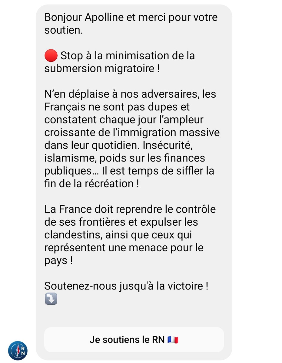 POV : tu troll une publi fb du RN et tu reçois automatiquement un petit mp

C'est ça leur message d'accueil et y en a encore qui veulent nous faire croire que leur priorité c'est les classes populaires ? Et y en a encore qui osent nous dire que le RN est pas raciste ??

🚮