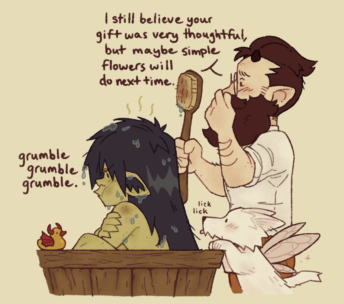 A follow-up…

Bristle is still grateful despite the smell in the house, but now poor Mulch has to bathe. Life is truly cruel.