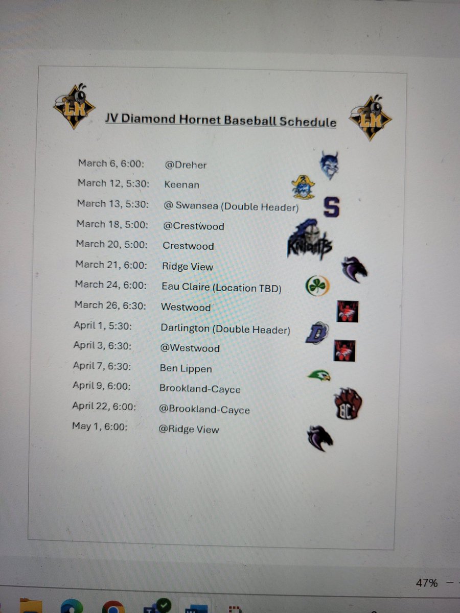 BaseballAtLRHS's tweet photo. JV Schedule for 2025. Come out and support out future Varsity Diamond Hornets. @LRHathletics https://t.co/jbHkovhL19