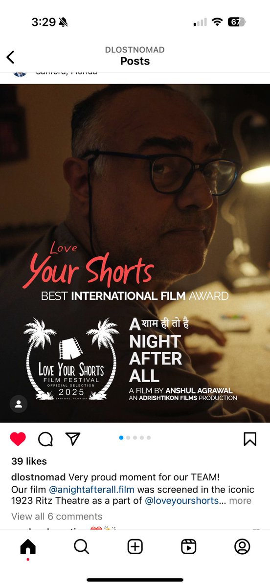 Our film @anightafterall.film was screened in the iconic 1923 Ritz Theatre as a part of @loveyourshorts Love your Shorts Film Festival at Sanford, and has won the "Best International Film Award". We are honored to be the only short film to represent India at this stage.